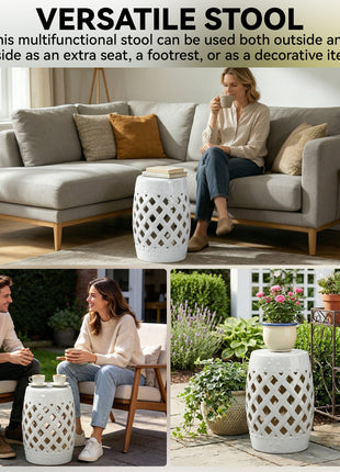 13" x 18" Ceramic Garden Stool with Woven Lattice Design & Glazed Strong Materials Decorative Outdoor Stool, White