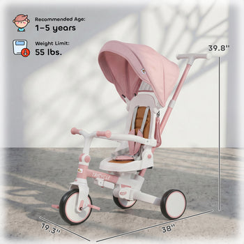 7 in 1 Tricycle Stroller for Toddler 1-5 Years w/ Adjustable Push Handle, Rotatable Seat, Removable Canopy, Pink