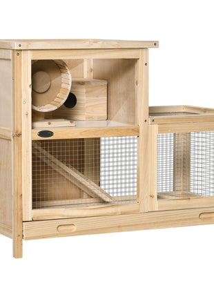 2-Tier Wooden Hamster Cage, Small Animals Hutch, w/ Seesaw, Tray