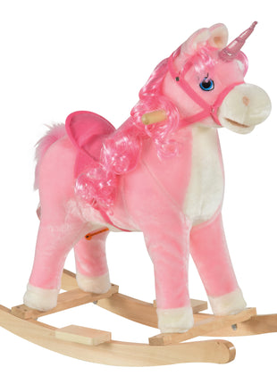 Kids Rocking Horse, Ride on Unicorn with Wooden Base, Tail Wag & Sounds for Toddlers 3-6 Years Old, Pink