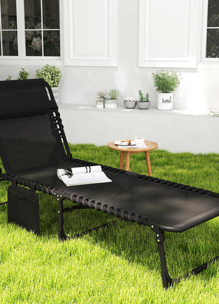 Reclining Chaise Lounge Chair, Portable Sun Lounger, Folding Camping Cot with Adjustable Backrest and Removable Pillow, for Patio, Garden, Beach, Black
