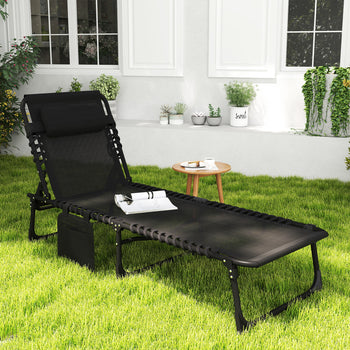 Reclining Chaise Lounge Chair, Portable Sun Lounger, Folding Camping Cot with Adjustable Backrest and Removable Pillow, for Patio, Garden, Beach, Black