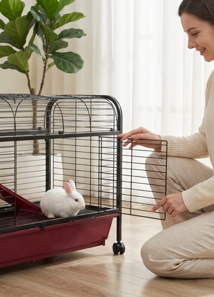 41"L Small Animal Cage, Pet Play House for Rabbit Hutch Ferret with Feeder, Rolling Wheels, Platform, Ramp
