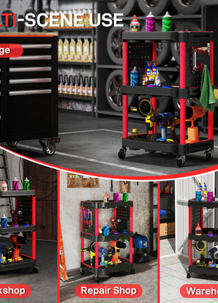3-Tier Rolling Tool Cart, 200 LBS Capacity Plastic Utility Cart with Side Shelves for Garage, Workshop, Black and Red