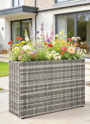 Tall Rectangular Planter with Removable Liner, Holes, PE Wicker Large Planter Box for Indoor Outdoor Plants, Gray
