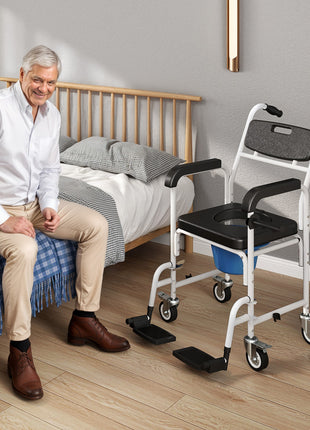 Rolling Shower Wheelchair for Seniors, Bedside Commode Chair with Locking Wheels, Seat, Backrest, Arms, Black