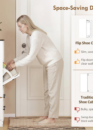 Shoe Cabinet with 2 Flip Drawers, Narrow Shoe Storage Cabinet, White