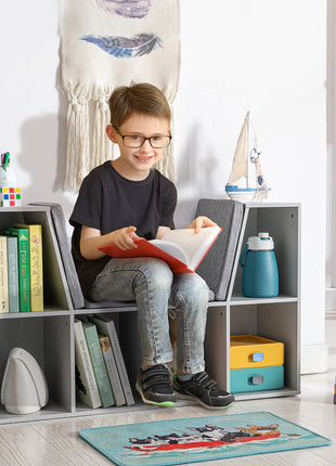 6-Cubby Kids Bookcase with Reading Nook and Cushion, Multi-Purpose Storage Organizer for Bedroom, Living Room, Grey