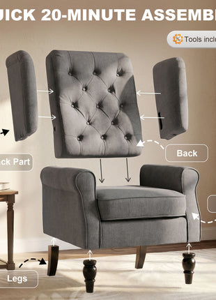 Wingback Accent Chair for Living Room, Button-Tufted Lounge Chair with Round Armrests and Wood Legs, Dark Gray