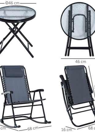 Outdoor Folding Rocking Chair Patio Table Seating Set, 2 Rocking Chairs with Armrests and 1 Side Table with Tempered Glass - Gray