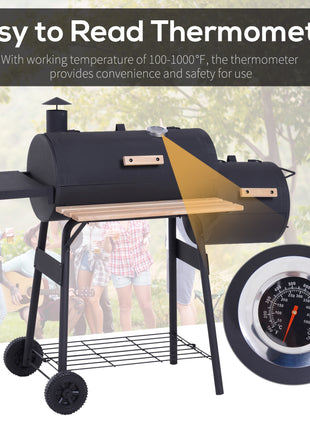 Charcoal BBQ, Portable Grill with Wheels, All-in-One Grill, Side vent, Two Shelves and Metal Grating, Lit-Mounted Thermometer, Wooden Handle, for Outdoor Cooking, Black