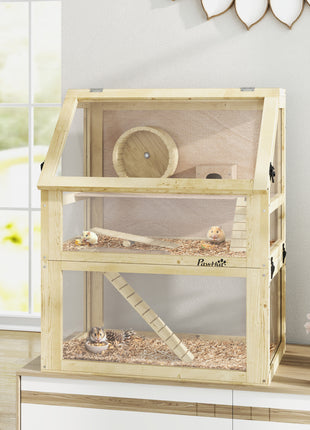 3 Tier Wooden Hamster Cage w/ Detachable Bottom, Hut, Seesaw, Exercise Wheel, Ramps, 24" x 16" x 29.5"