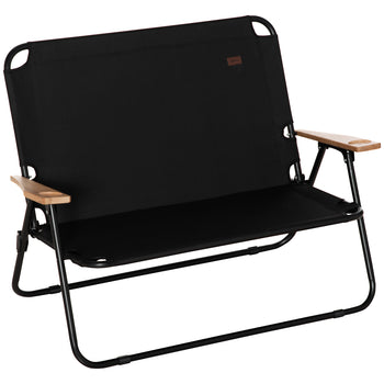 Double Folding Camping Chair, Loveseat for 2 Adults, Portable Camping Couch with Wood Armrest & Cupholders, for Backpacking, Beach, Sports Travel, Black
