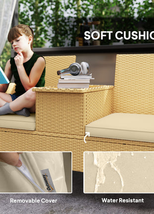 Patio Sofa Wicker Loveseat with Built-in Flip-Top Coffee Table and Cushions for Balcony, Garden, Lawn, Backyard, Khaki