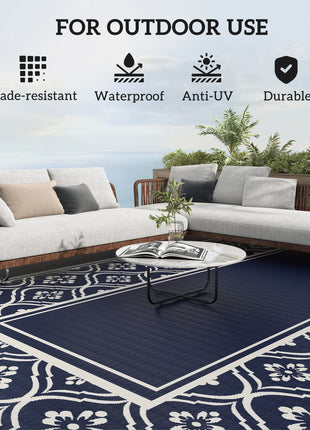 Reversible Outdoor Rug, Waterproof Plastic Straw with Carry Bag, 9' x 18', Blue & White Gourd Border