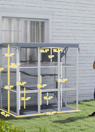 Large Outdoor Catio Cat Enclosure with Hammock, Condo, Jump Platforms, Ladders, Ramps, Tarp, for 2-4 Large Cats, Gray