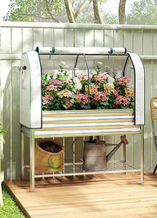 Galvanised Raised Garden Bed with Greenhouse Cover, Metal Elevated Garden Bed with Bed Liner, Bottom Shelf, Silver