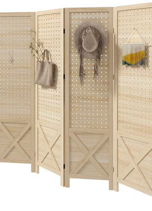 4.7' 4 Panel Wooden Room Divider with Pegboard Display, Folding Privacy Screen for Home Office, Natural