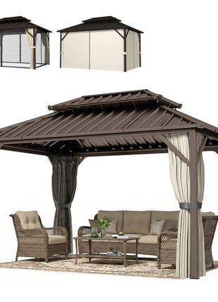 10' x 14' Hardtop Gazebo with Double Galvanized Steel Roof Canopy, Aluminum Frame Permanent Gazebo, Brown