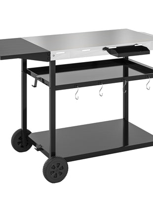 Outdoor Bar Cart Grill Table with Stainless Steel Tabletop, Wheeled Outdoor Serving Cart Prep Table with Storage, Hooks