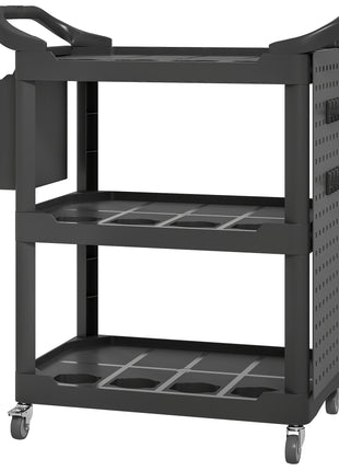 3-Tier Rolling Tool Cart, 200 LBS Capacity Plastic Utility Cart with Side Shelf and Storage Bucket, Black