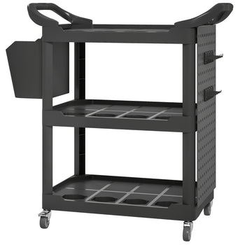 3-Tier Rolling Tool Cart, 200 LBS Capacity Plastic Utility Cart with Side Shelf and Storage Bucket, Black