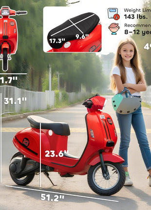 24V Kids Motorcycle with 3-Speed, Electric Motorcycle with Rear Suspension and LED Lights for 8-12 Years Old, Red