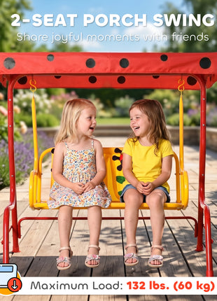 Kids Patio Swing, Adjustable Canopy Swing Glider, Kids Outdoor Swing Chair with 2 Seats, Seat-Belted Safety, Red