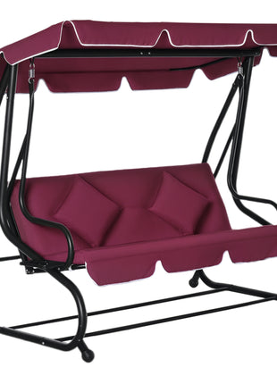3-Seat Outdoor Patio Swing Chair, Converting Flatbed, Outdoor Swing Glider with Adjustable Canopy, Removable Cushion and Pillows, for Porch, Garden, Poolside, Backyard, Red
