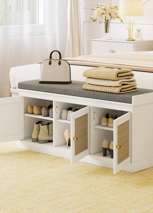 Shoe Storage Bench with Woven Rattan Doors, Shoe Bench with Cushion, Adjustable Shelves, Entryway Bench, White