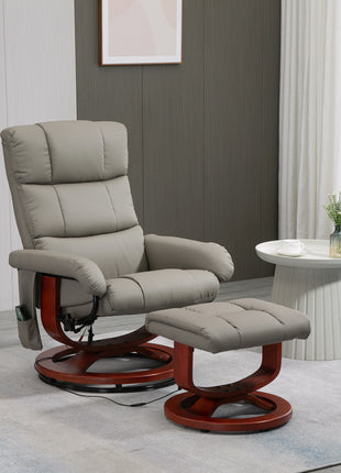 Massage Recliner Chair with Ottoman, Swivel Recliner and Footrest, Faux Leather Reclining Chair with Remote Control, 10 Vibration Point and Side Pocket, Gray