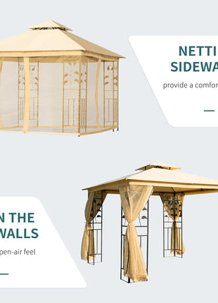  10' x 10' Metal Patio Gazebo, Double Roof Outdoor Gazebo Canopy Shelter with Tree Motifs Corner Frame and Netting, for Garden, Lawn, Backyard, and Deck, Beige