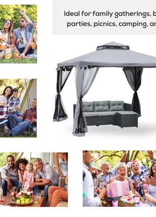 9.6' x 9.6' Patio Gazebo, Outdoor Canopy Shelter with 2-Tier Roof and Netting, Steel Frame for Garden, Lawn, Backyard, and Deck, Gray