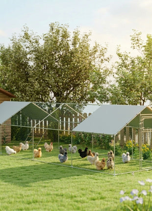 Large Chicken Coop Metal Chicken Run with Waterproof and Anti-UV Cover, Spire Shaped Walk in Fence Cage Hen House for Outdoor and Yard Farm Use, 1" Tube Diameter, 9.8' x 26.2' x 6.6'