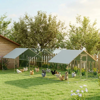 Large Chicken Coop Metal Chicken Run with Waterproof and Anti-UV Cover, Spire Shaped Walk in Fence Cage Hen House for Outdoor and Yard Farm Use, 1" Tube Diameter, 9.8' x 26.2' x 6.6'