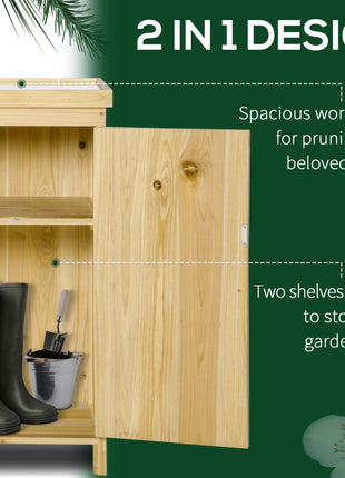 Garden Storage Cabinet, Outdoor Tool Shed with Galvanized Top and Two Shelves for Yard Tools or Pool Accessories, Natural