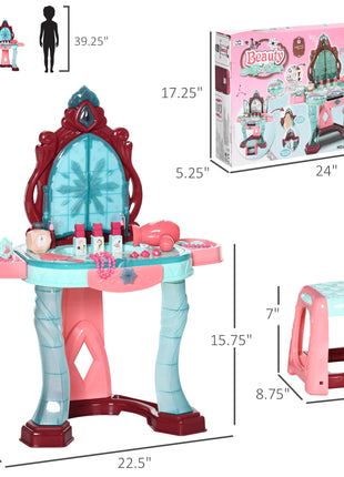 Kids Vanity Set with Self-Opening Magic Mirror, Princess Makeup Vanity Table Set with Music, Tabletop with Lights, Imaginative Toy for 3-6 Years Old Child