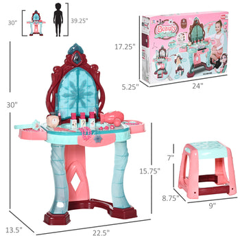 Kids Vanity Set with Self-Opening Magic Mirror, Princess Makeup Vanity Table Set with Music, Tabletop with Lights, Imaginative Toy for 3-6 Years Old Child
