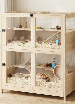 Wooden Hamster Cage, 4 Tier Small Animal Cage with Mesh Flip Roof, Pull-Out Tray, Huts, Seesaws, Ramps and Water Bottles