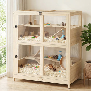 Wooden Hamster Cage, 4 Tier Small Animal Cage with Mesh Flip Roof, Pull-Out Tray, Huts, Seesaws, Ramps and Water Bottles