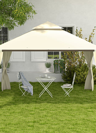 10' x 12' Outdoor Patio Gazebo with Curtains, Two-Tier Roof, Beige