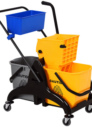 2 x 6.9 Gallon Mop Water Bucket Wringer Cart with Easy to Use Side Press Wringer, Smooth Wheels, Mop-Handle Holder