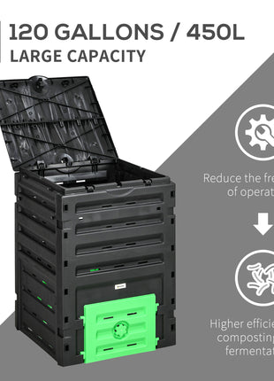 Garden Compost Bin, 120 Gallon (450L) Garden Composter, BPA Free, with 80 Vents and 2 Sliding Doors, Lightweight & Sturdy, Fast Creation of Fertile Soil, Black