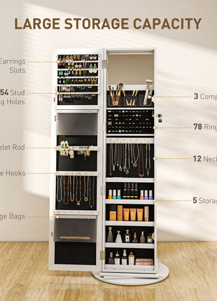 360° Swivel Jewelry Armoire, Lockable Jewelry Cabinet with Full-Length Mirror, Storage Shelves, White