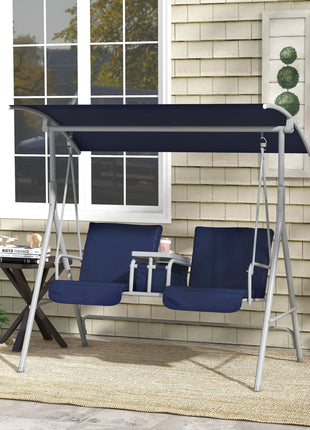 2-Seater Outdoor Porch Swing with Canopy and Table, Patio Swing Chair for Garden, Poolside, Backyard, Dark Blue