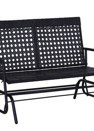 Patio 2-Person Wicker Glider Bench Rocking Chair, Outdoor All-Hand Woven PE Rattan Loveseat w/ Ergonomic Design Rocking System for Patio, Garden, Porch, Lawn, Black