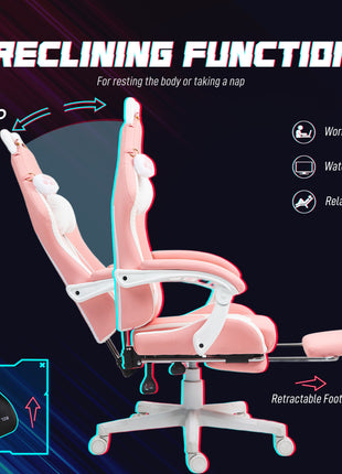 Cute Racing Gamer Chair, Faux Leather Gaming Chair with Footrest, Headrest and Lumbar Support, Pink