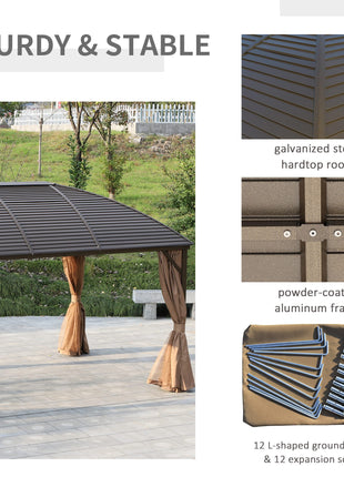 10' x 13' Hardtop Gazebo with Curtains, Netting, Pavilion with Steel Roof Ceiling Hook for Garden Patio, Brown