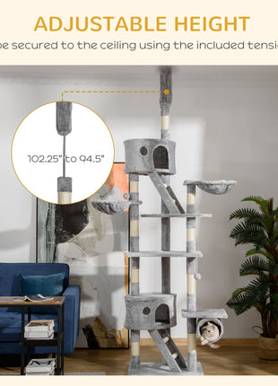 Floor to Ceiling Cat Tree, 94.5-102.5 inch Height Adjustable Cat Climbing Tower with Scratching Posts, Condos, Hammocks