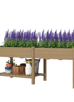 Wood Raised Garden Box, Elevated Garden Bed with Side Table, Bottom Shelf, Bed Liners and Drainage Holes, Carbonized